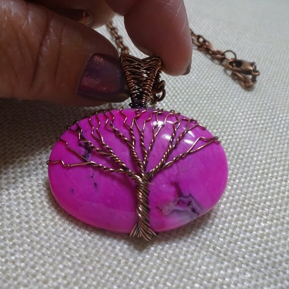 Gorgeous PINK DENDRITE OPAL Copper Wire-Wrapped Tree Pendant/Chain #192C - Picture 2 of 3